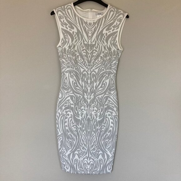 vintage Cache metallic silver and white brocade print sheath dress - Picture 1 of 7